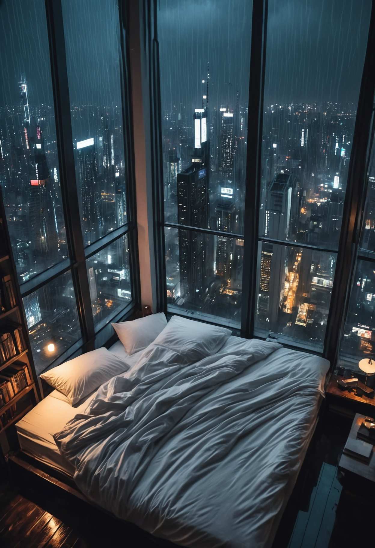 00095-moody aesthetic, beautiful cozy, cramped bedroom with floor to ceiling glass windows overlooking a cyberpunk city at night, view.png